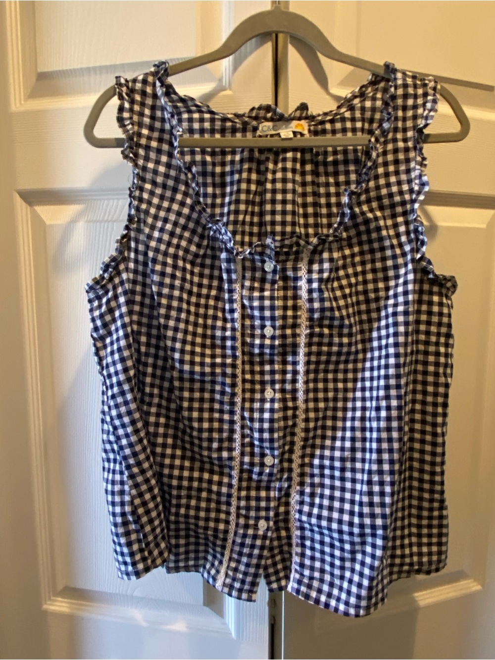 C&C California Cotton  Navy and White Gingham Ruffle Top